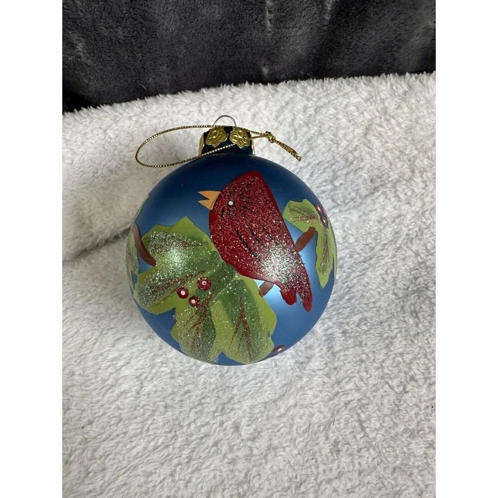 Hand‎ painted Glass Christmas Ornament Red Cardinal Holly Berries Artist Vintage